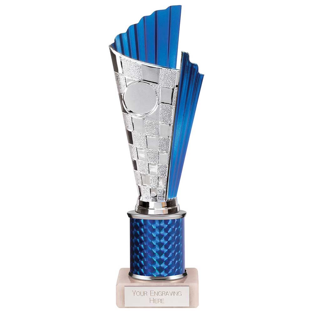 Flash Chequered Plastic Trophy Cup on Tube - Blue (245mm Height)
