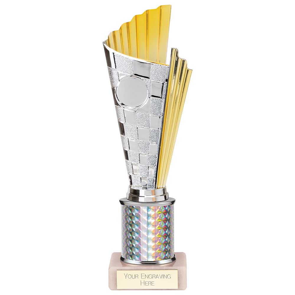 Flash Chequered Plastic Trophy Cup on Tube - Gold/Silver (245mm Height)