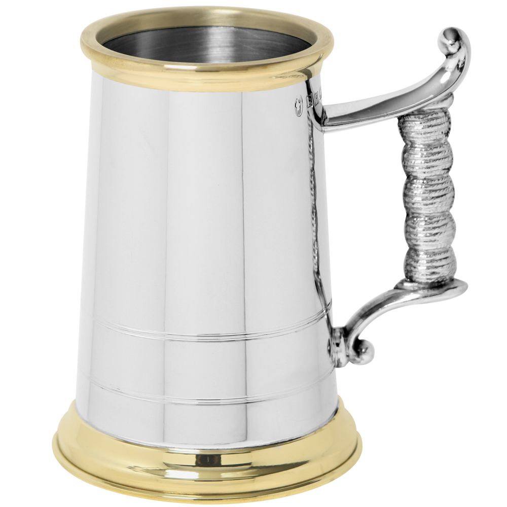 1pt Brass Lip English Pewter Tankard - Rope Pattern Handle