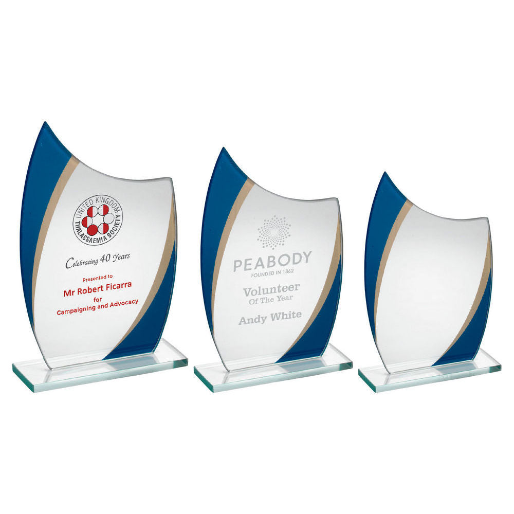 Jade Glass Award - Curved Plaque With Blue/Gold Highlights