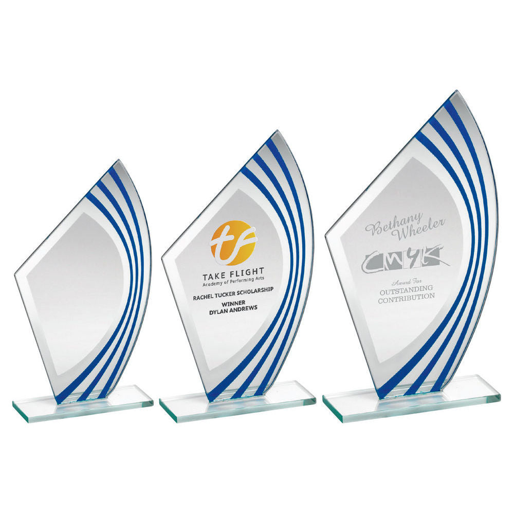 Jade Glass Award - Sail Plaque With Blue/Silver Highlights