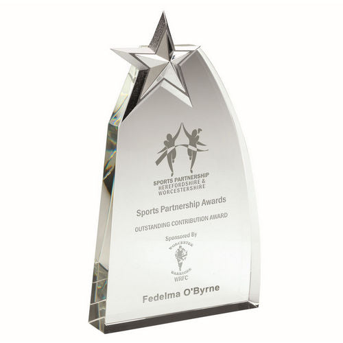 Clear Glass Wedge Award With Detailed Metal Star