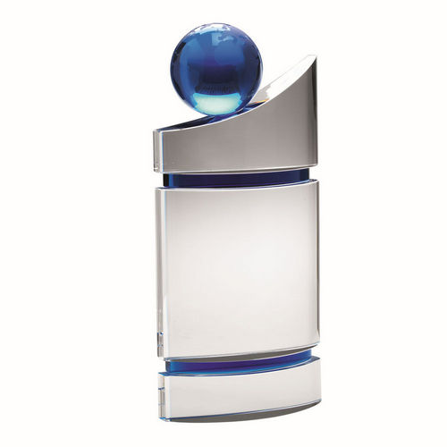 Clear/Blue Domed Glass Award - Plaque With Blue Globe