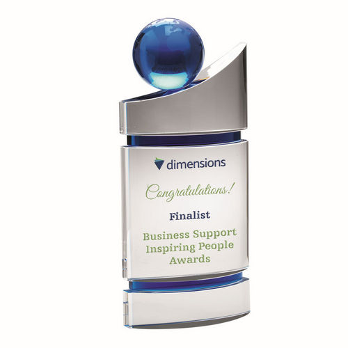 Clear/Blue Domed Glass Award - Plaque With Blue Globe