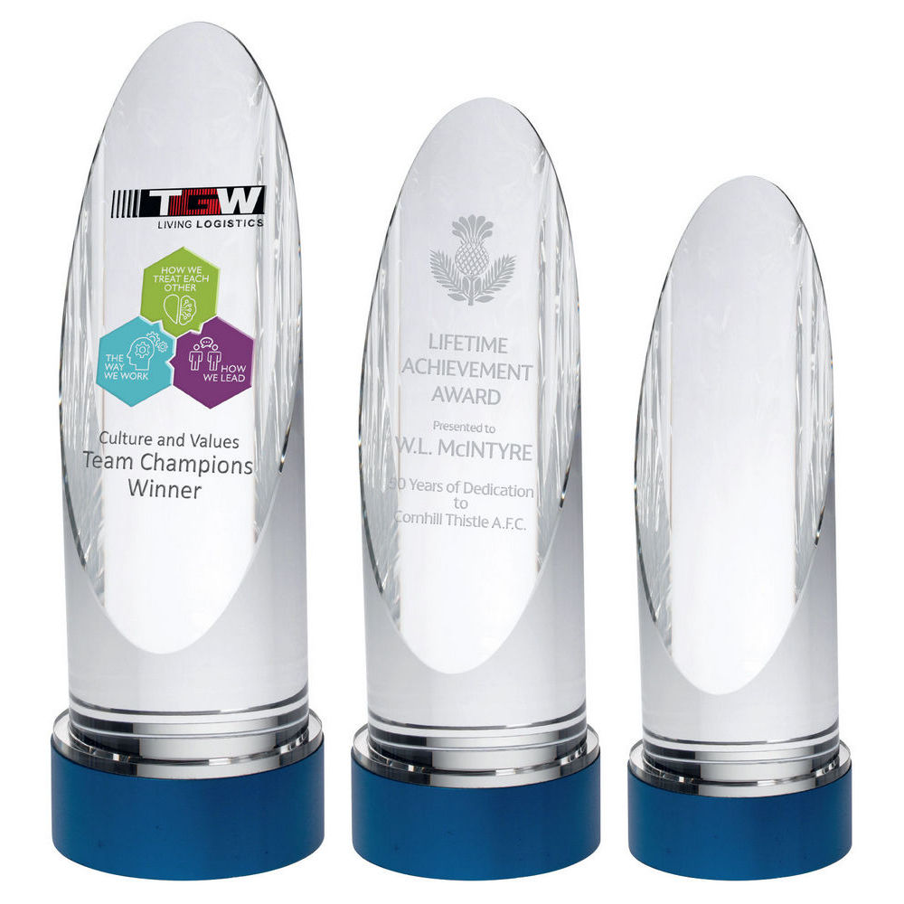 Personalised Glass Oval Column Award on Blue Base