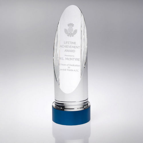 Personalised Glass Oval Column Award on Blue Base