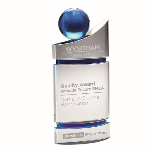 Clear/Blue Domed Glass Award - Plaque With Blue Globe