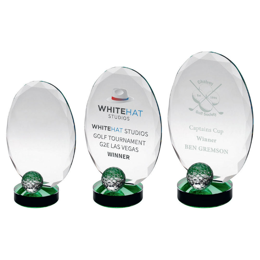 Engraved Clear Glass Award - Oval And Golf Ball With Green Highlights
