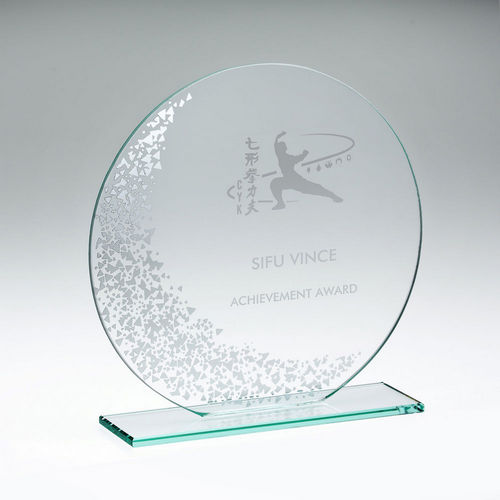 Jade Glass Round Plaque Award With Silver Detail (4mm Thick)