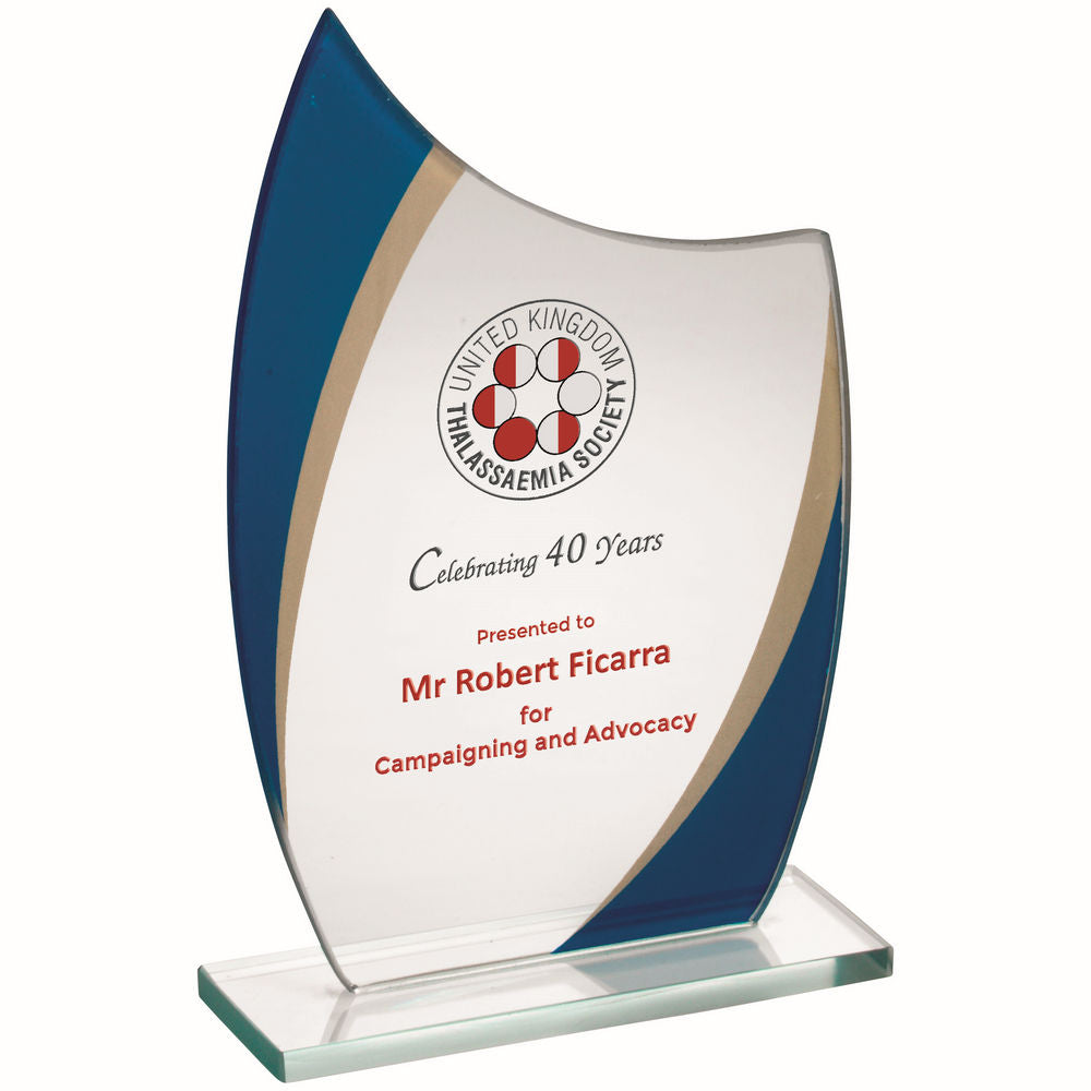 Jade Glass Award - Curved Plaque With Blue/Gold Highlights