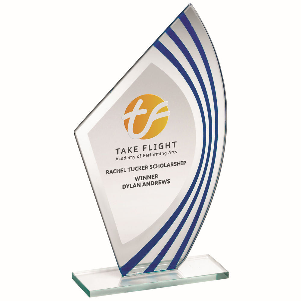 Jade Glass Award - Sail Plaque With Blue/Silver Highlights