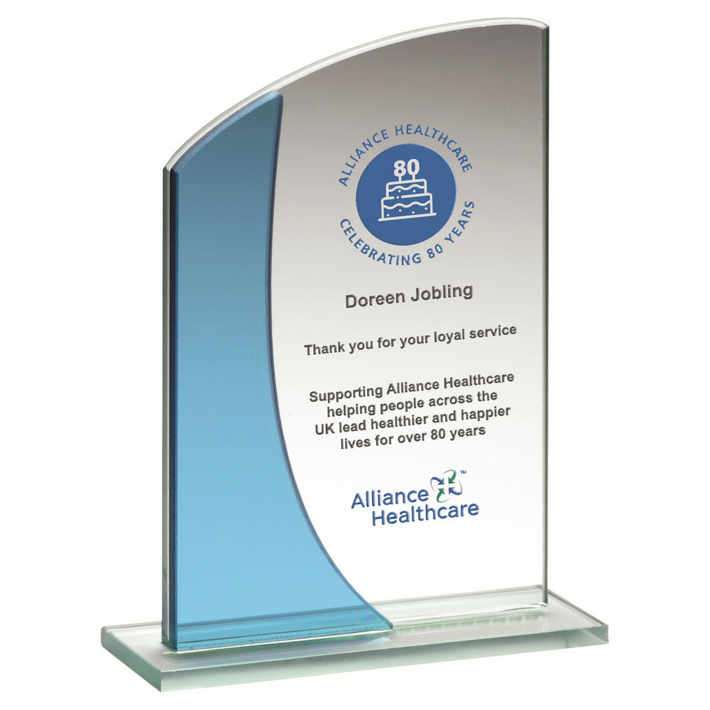 Jade/Blue Glass Award - Rectangle Plaque With Curved Top
