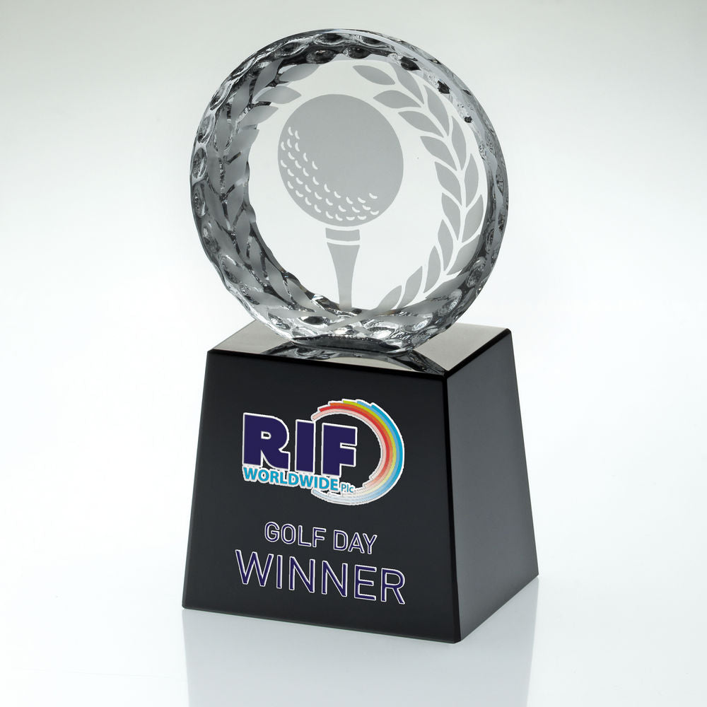 Clear Glass Golf Award - Engraved Plaque on Black Plinth