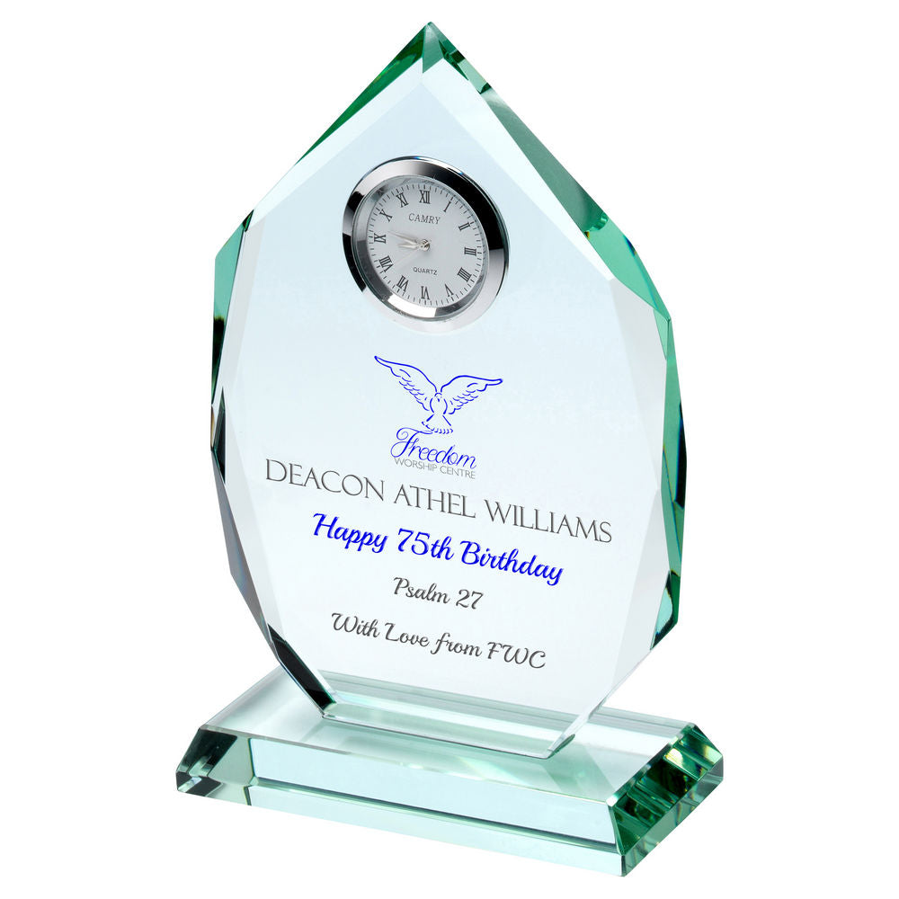 Personalised Jade Glass Diamond Plaque With Clock - 6.5in