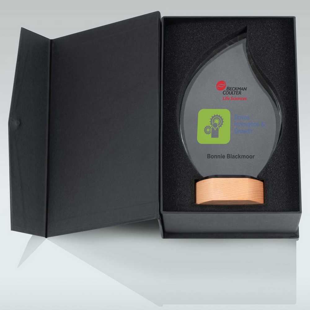 Colour Print Personalised Glass Flame Award on Wood Base