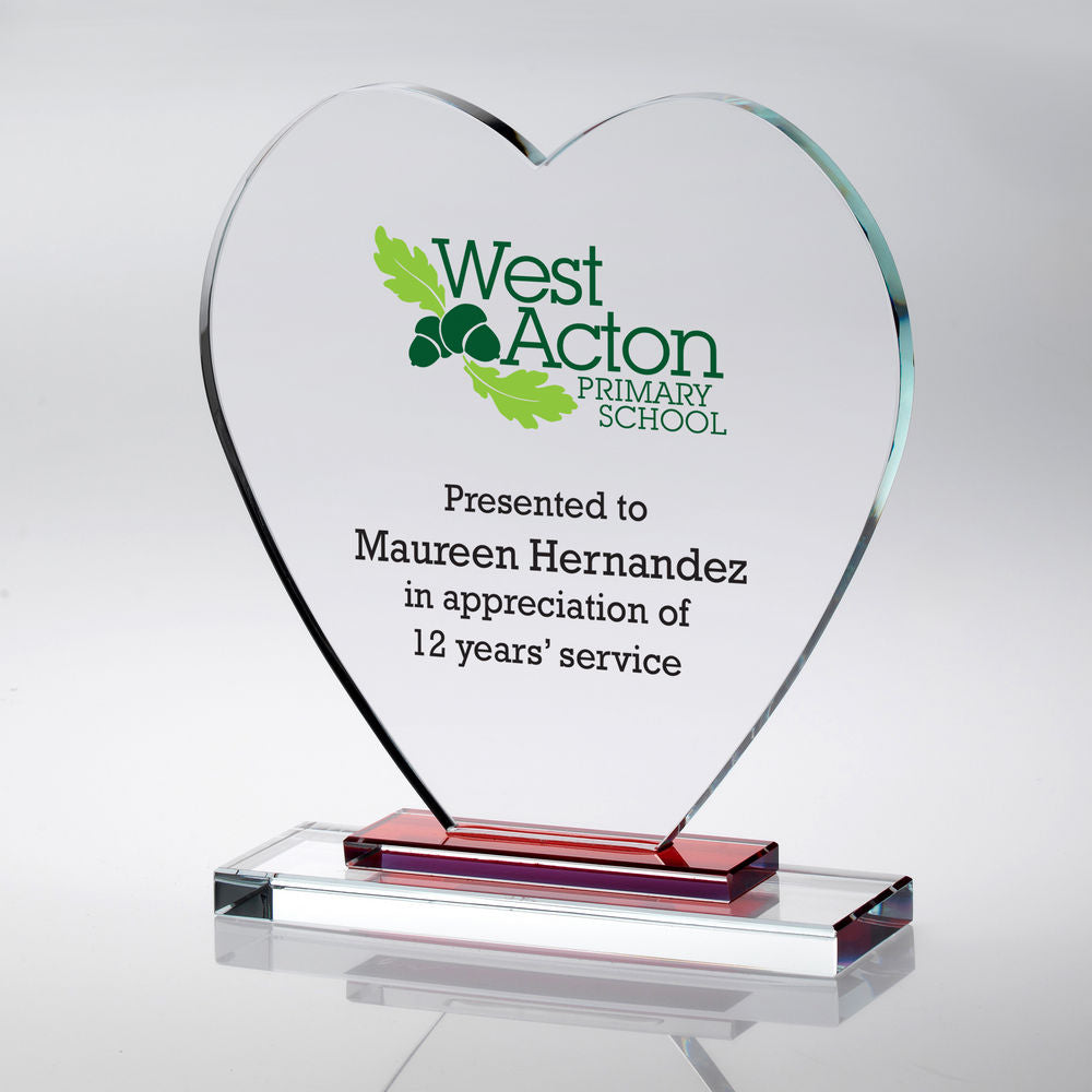 Personalised Glass Heart Award on Red Base