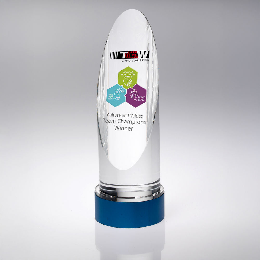 Personalised Glass Oval Column Award on Blue Base
