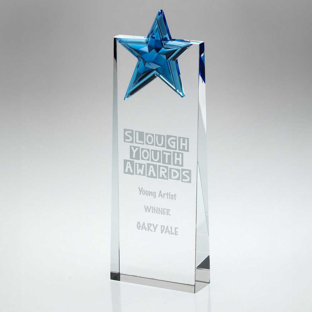 Glass Wedge Award with Blue Metal Star