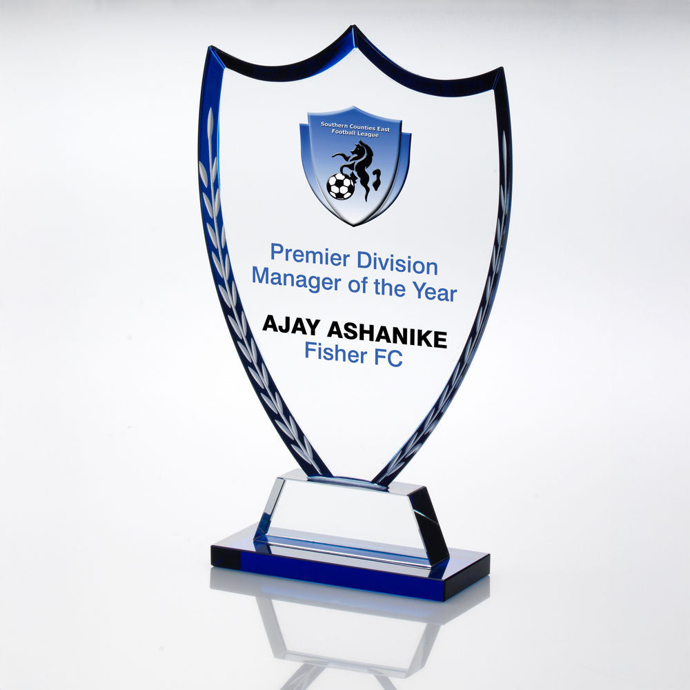 Personalised Glass Shield Award on Blue Base