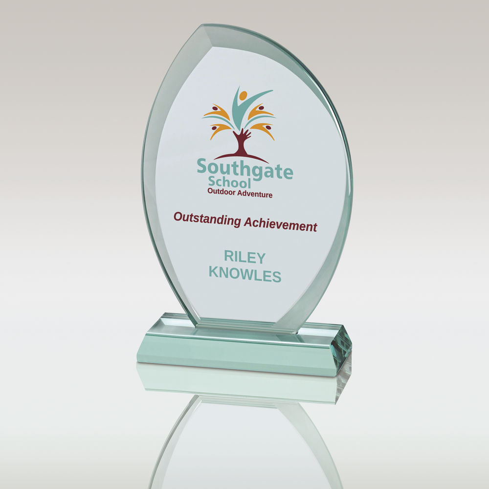 Personalised Curved Jade Glass Trophy Plaque on Base