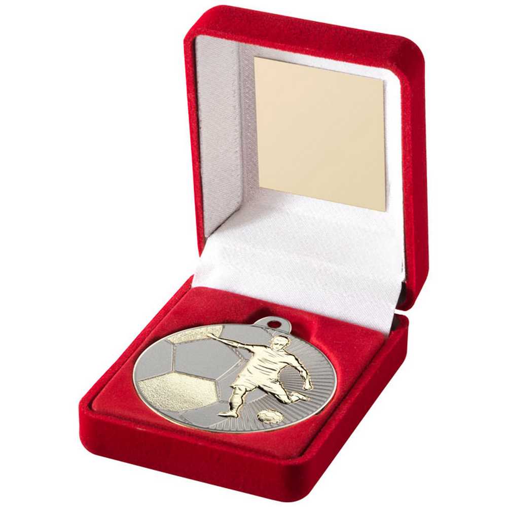 Football 50mm Gold Striker Medal in Red Presentation Box