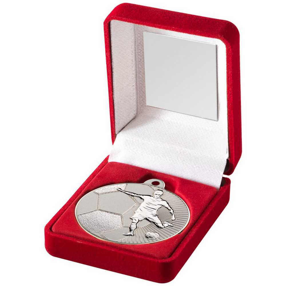 Football 50mm Silver Striker Medal in Red Presentation Box