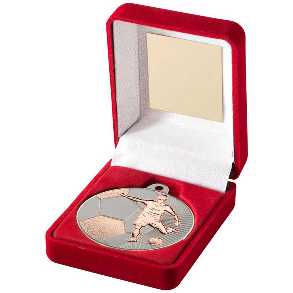 Football 50mm Bronze Striker Medal in Red Presentation Box