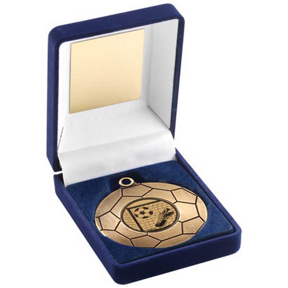 Football 50mm Antique Gold Medal in Blue Presentation Box