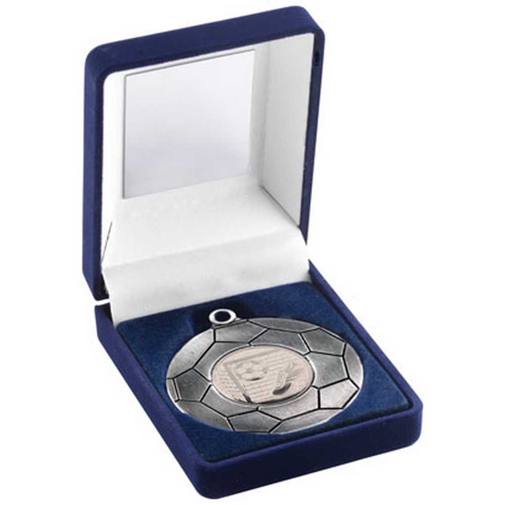 Football 50mm Antique Silver Medal in Blue Presentation Box