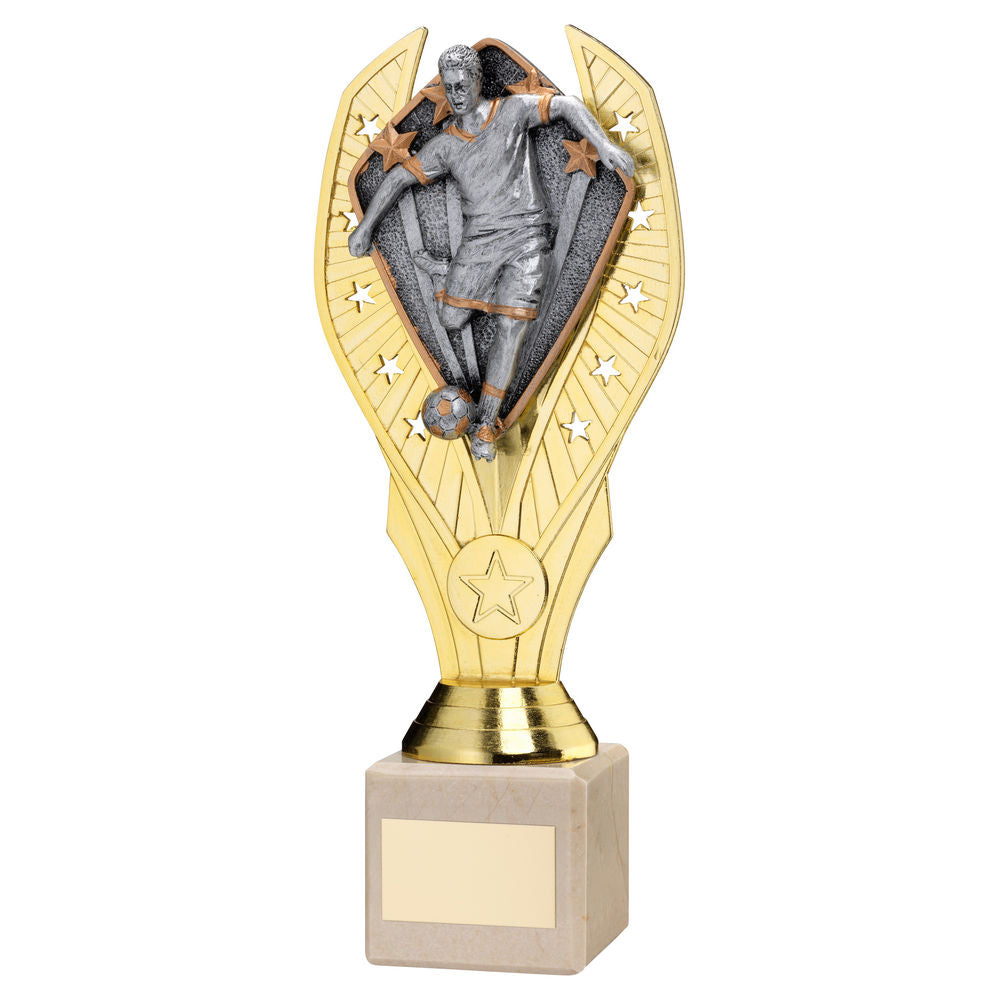 Mens Football Gold Plastic Statue Trophy on Cream Marble Base
