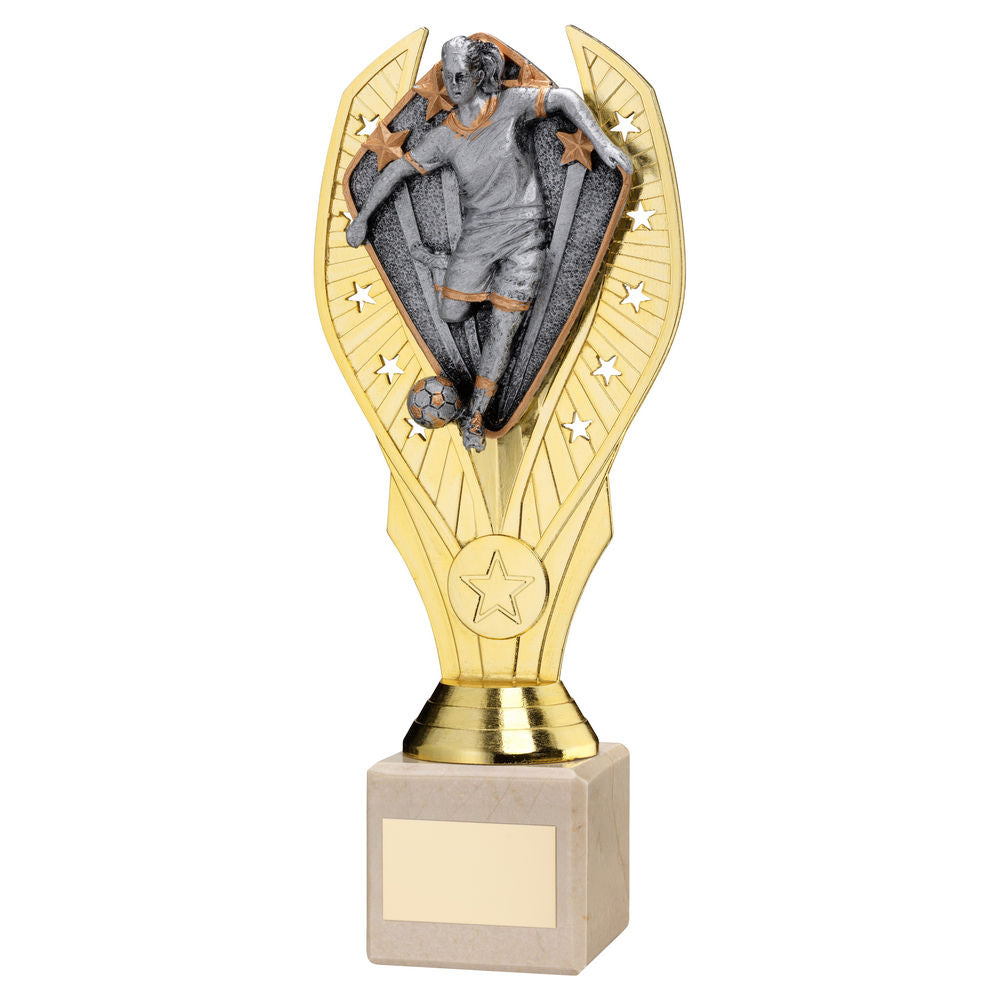 Womens Football Gold Plastic Statue Trophy on Cream Marble Base