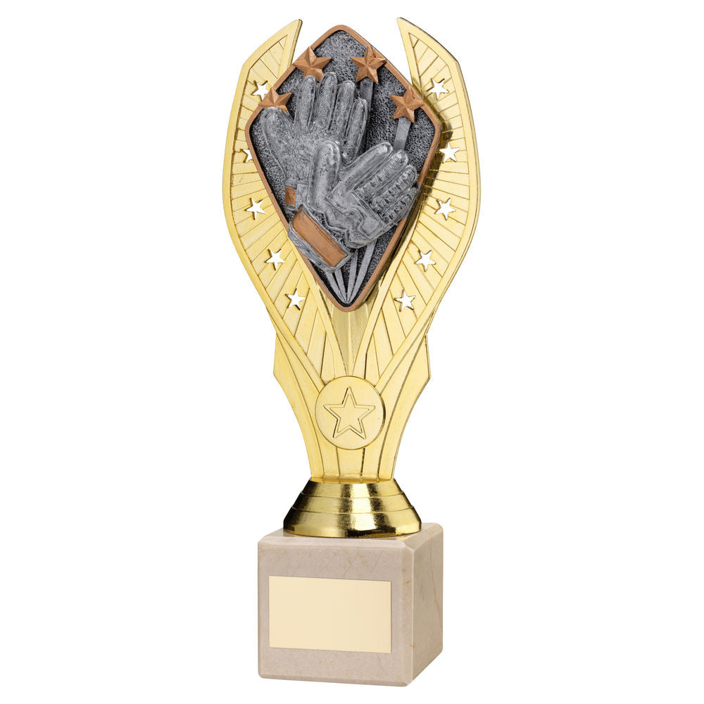 Football Goalkeeper Gold Plastic Statue Trophy on Cream Marble Base