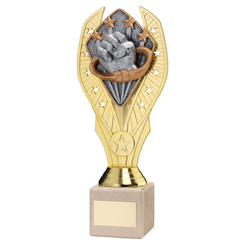 Martial Arts Gold Plastic Statue Trophy on Cream Marble Base