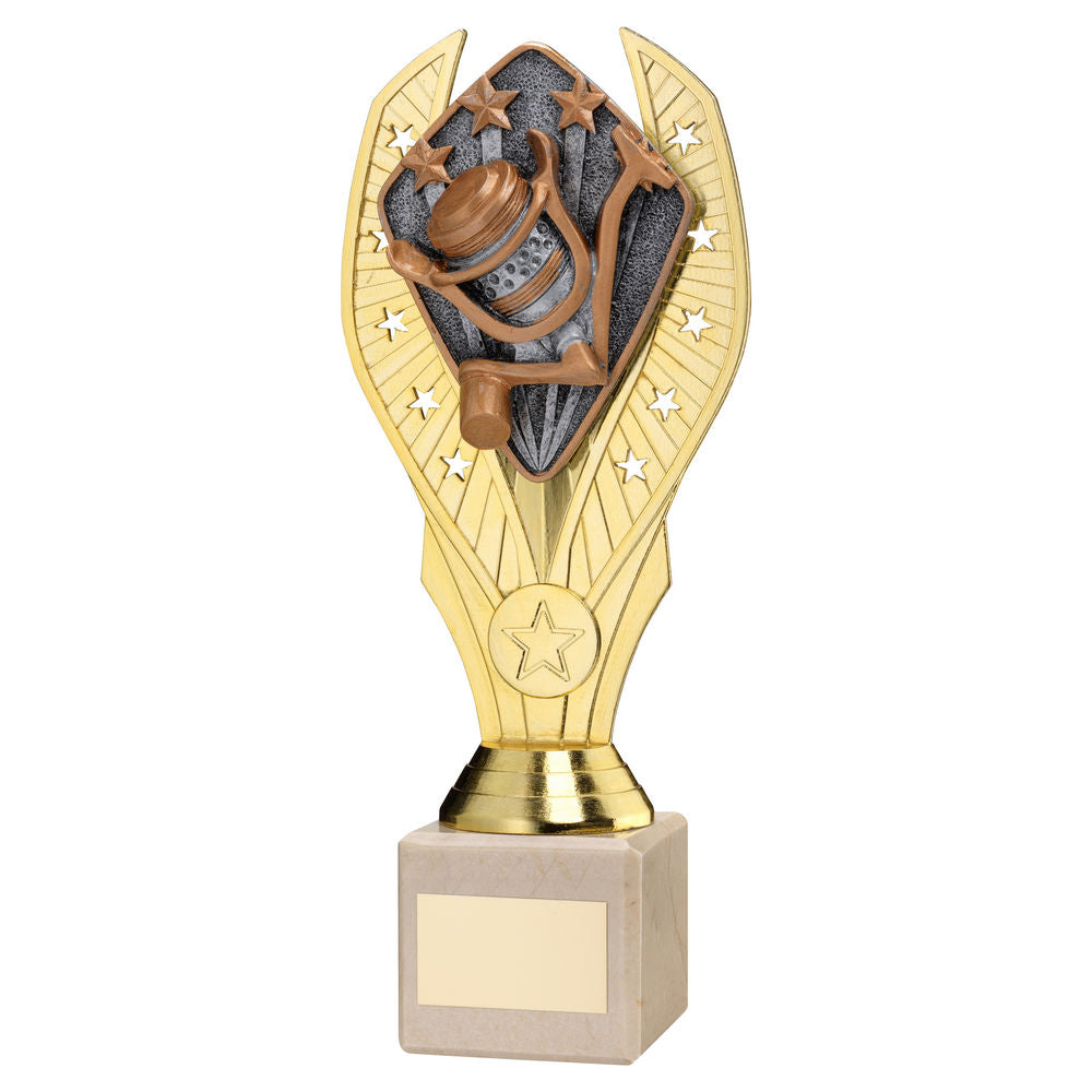 Angling Gold Plastic Statue Trophy on Cream Marble Base