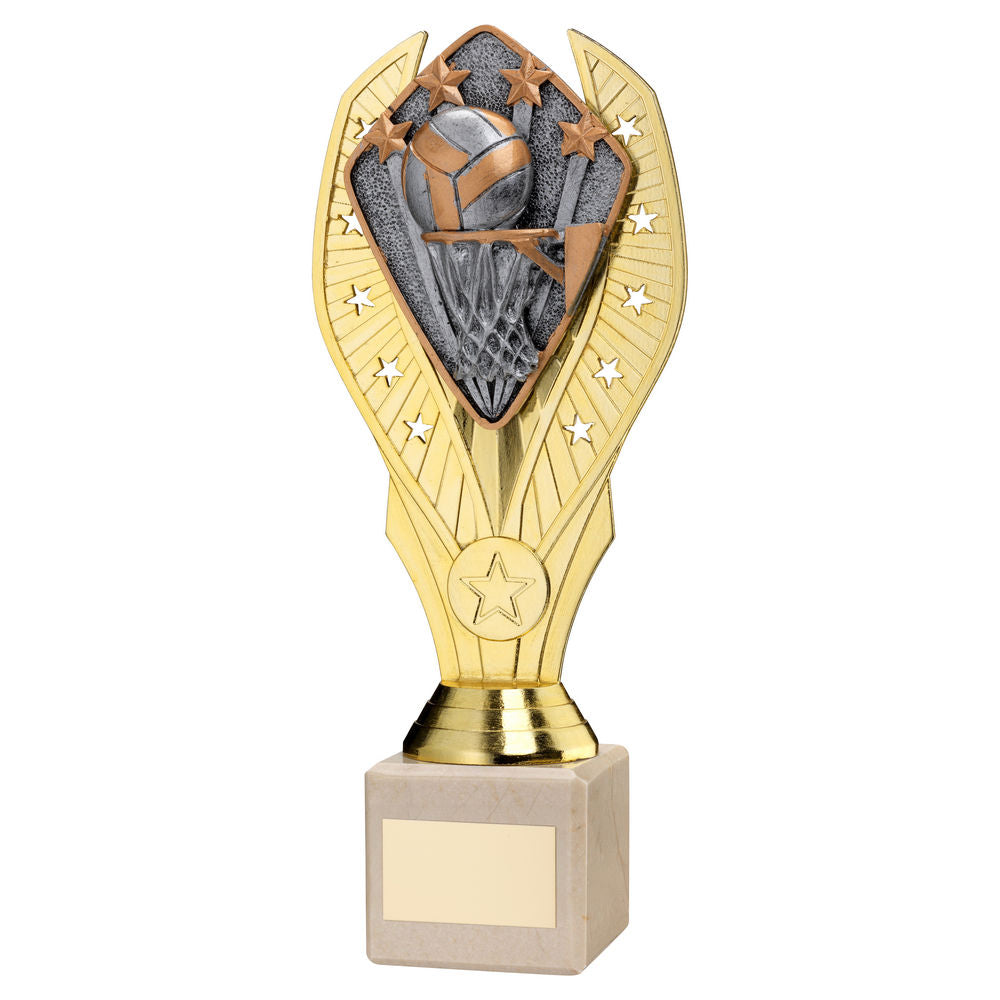 Netball Gold Plastic Statue Trophy on Cream Marble Base