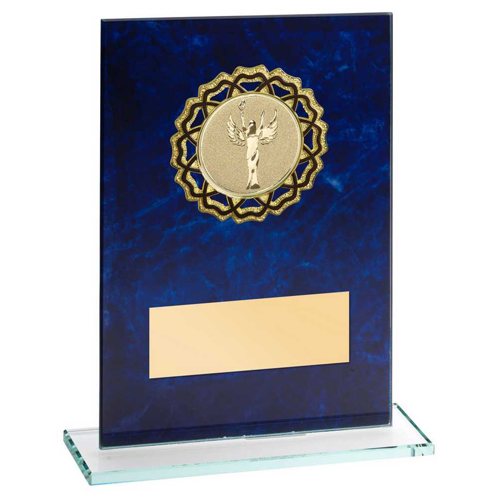 Engraved Glass Rectangle Trophy with Blue Marble Print Backing