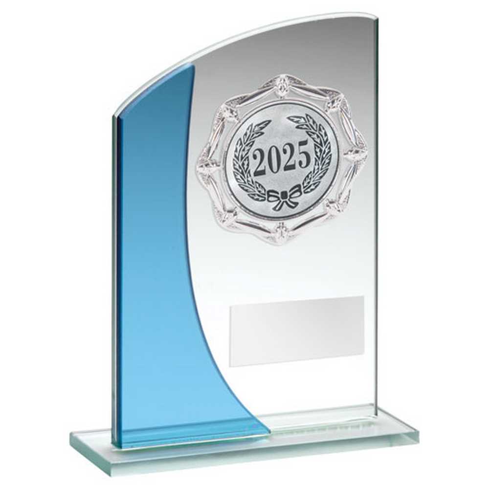 Engraved Glass Trophy with Clear Blue Wave Layer