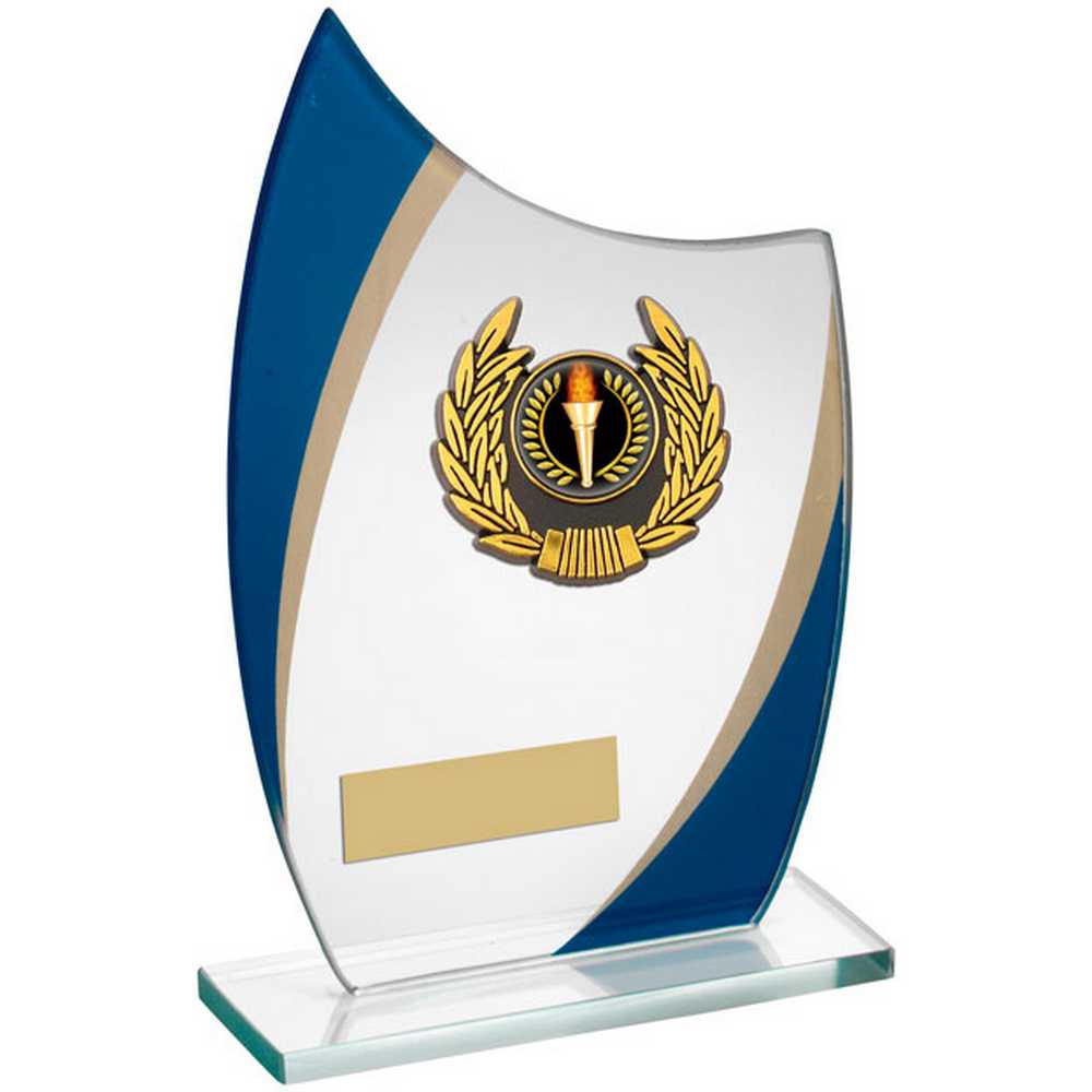 Blue and Gold Curved Glass Trophy