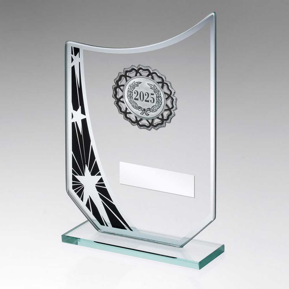 Engraved Glass Trophy Plaque with Black and Silver Star Print