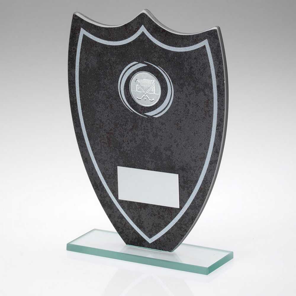 Field Hockey Glass Shield Trophy Plaque with 'Stone-Effect' Print