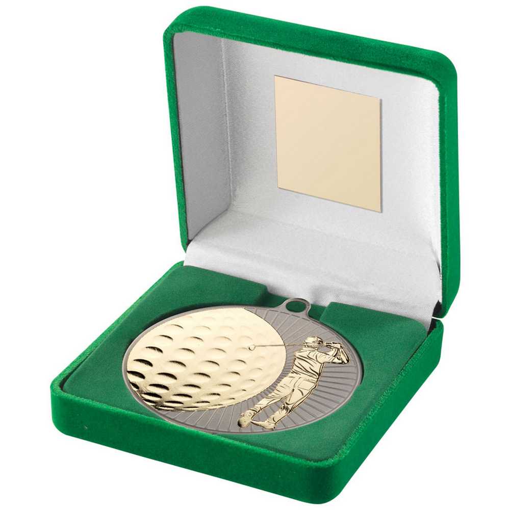 Golf Gold 70mm Medal in Green Presentation Box