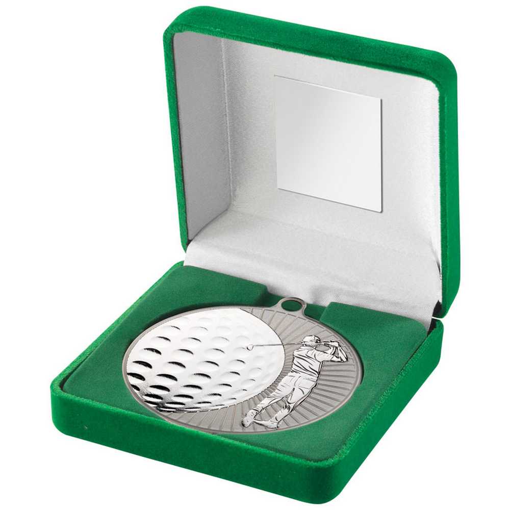 Golf Silver 70mm Medal in Green Presentation Box