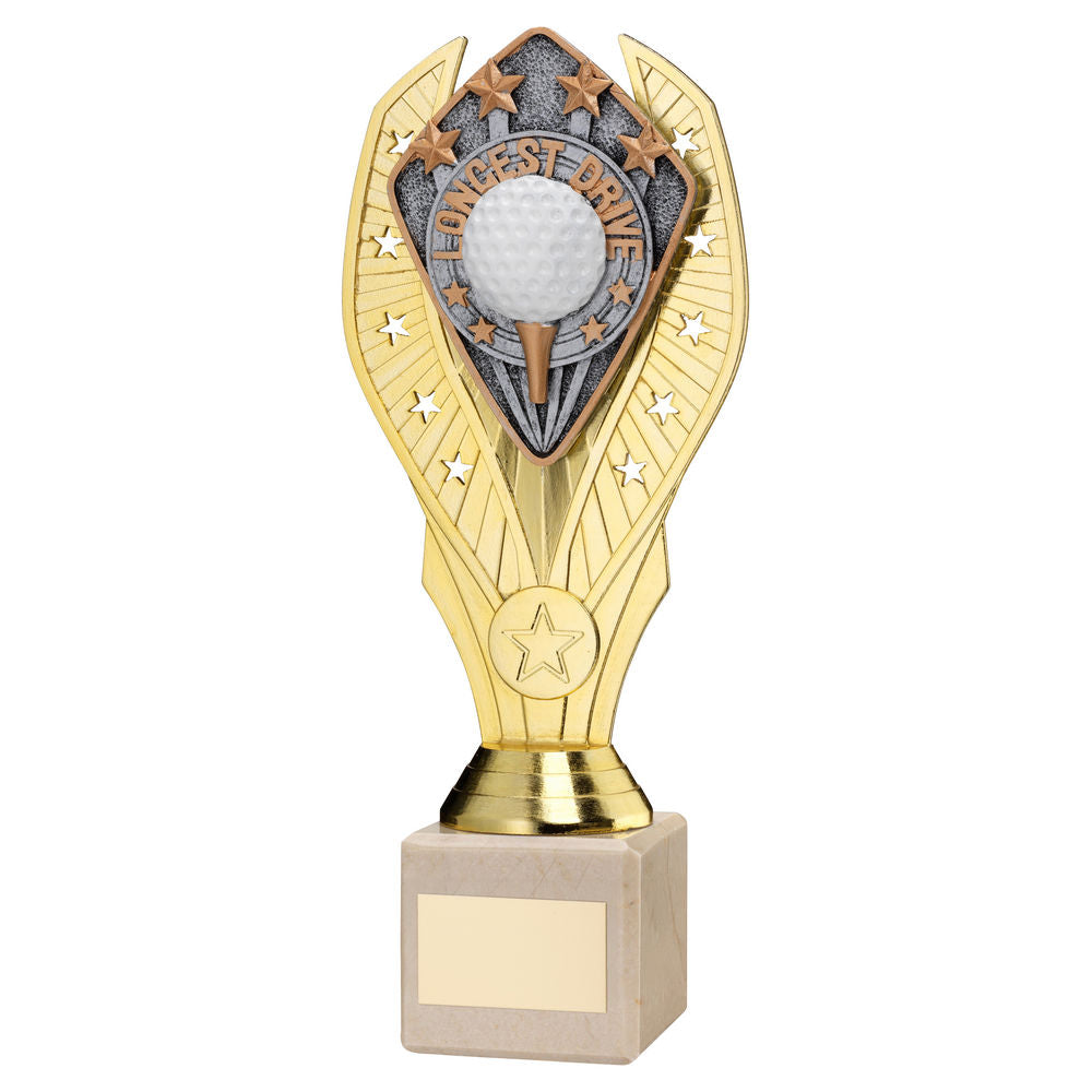 Golf Longest Drive Gold Plastic Statue Trophy on Cream Marble Base