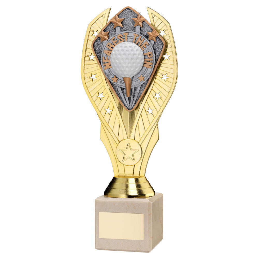 Golf Nearest The Pin Gold Plastic Statue Trophy on Cream Marble Base