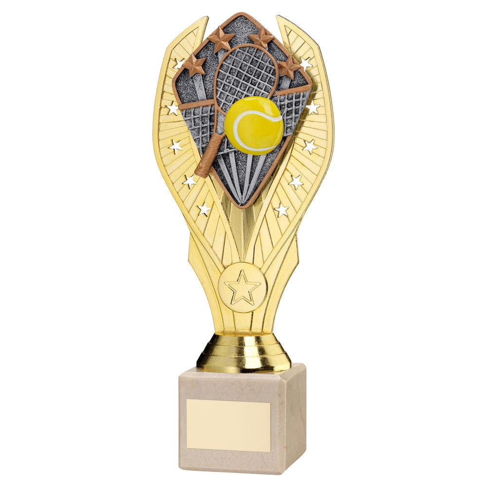 Tennis Gold Plastic Statue Trophy on Cream Marble Base