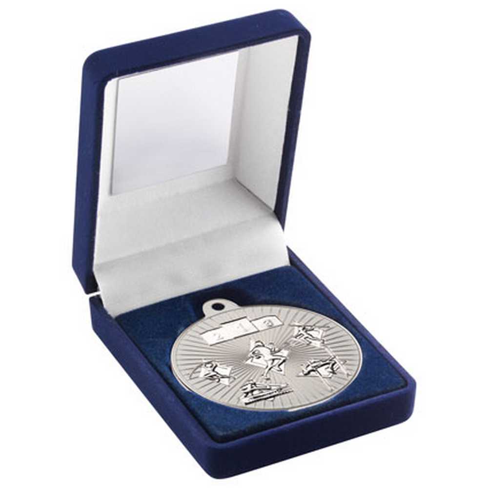 Athletics Silver 50mm Medal in Blue Presentation Box