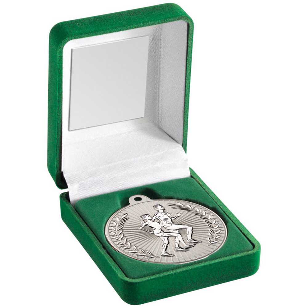 Running Silver 50mm Medal in Green Presentation Box