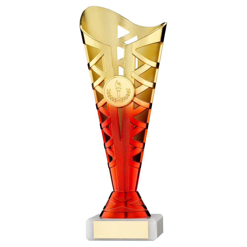 Titan Gold/Red Plastic Trophy Cup on White Marble Base