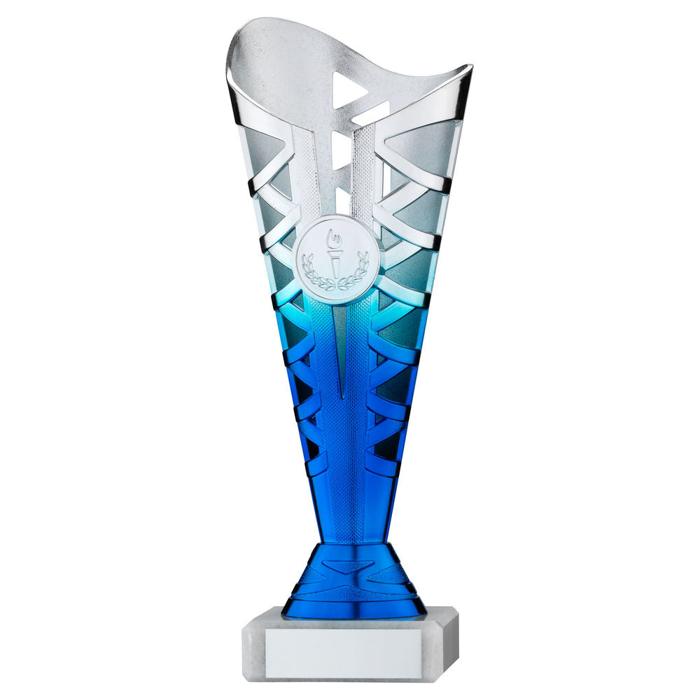 Titan Silver/Blue Plastic Trophy Cup on White Marble Base