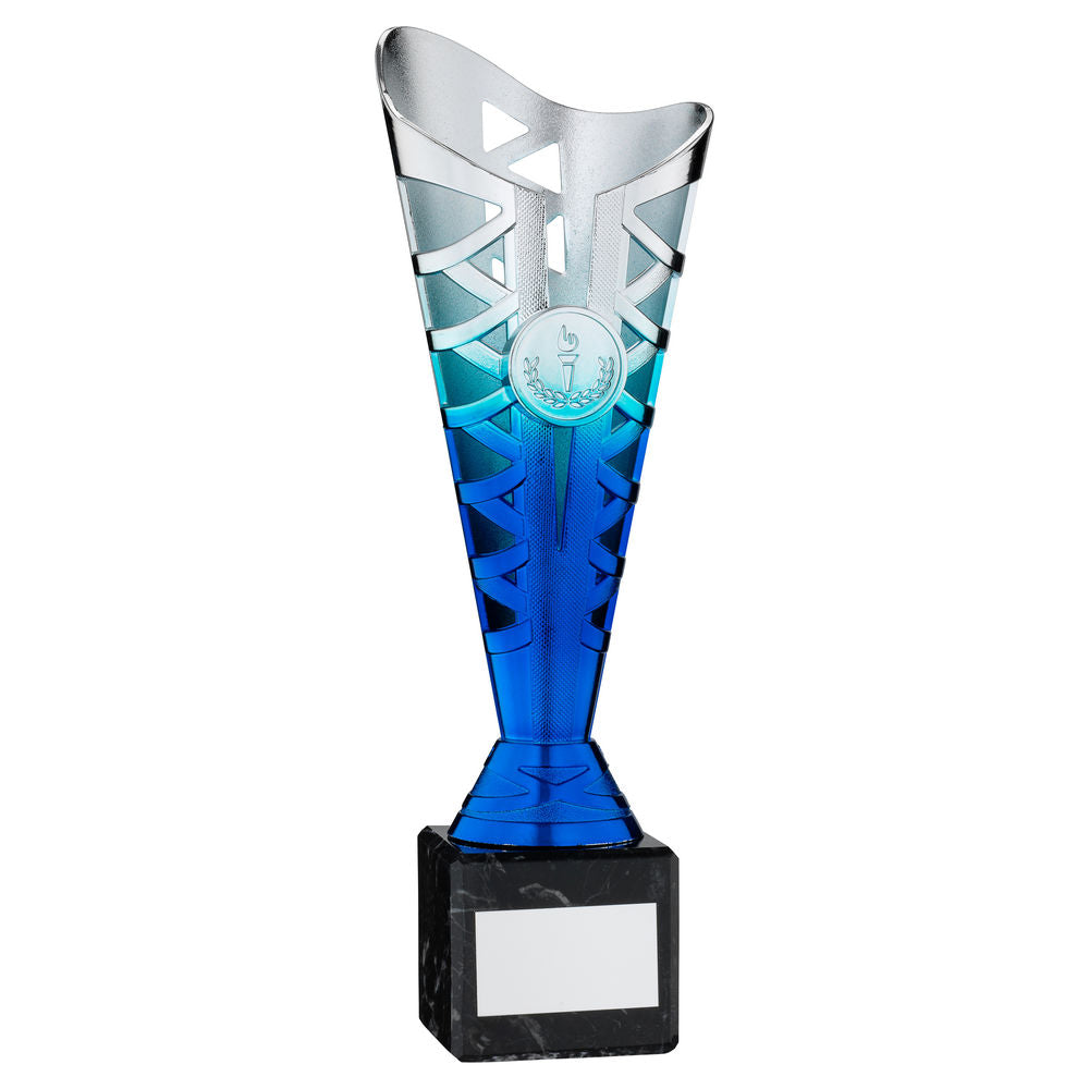 Titan Silver/Blue Plastic Trophy Cup on Black Marble Base